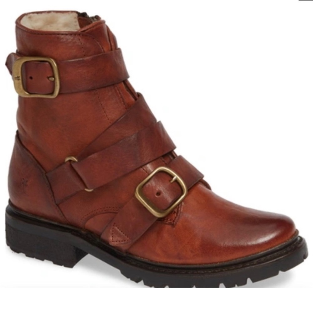Frye Vanessa Tanker Real Fur Shearling Cognac Leather Short Boots Size 6.5 NWT - Picture 16 of 16
